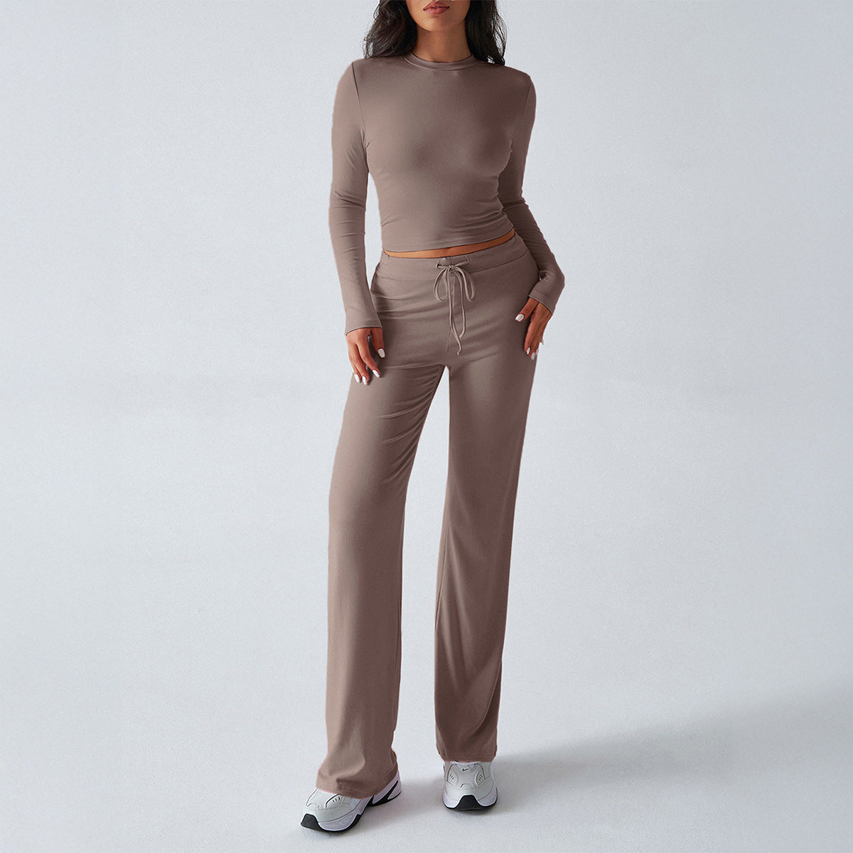 Solid Cropped Long-Sleeve Top & Straight-Leg Pants Loungewear Set