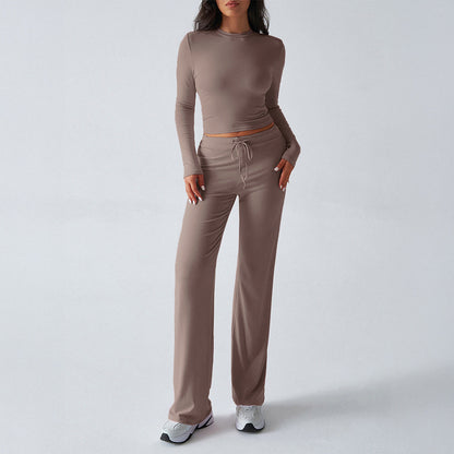 Solid Cropped Long-Sleeve Top & Straight-Leg Pants Loungewear Set