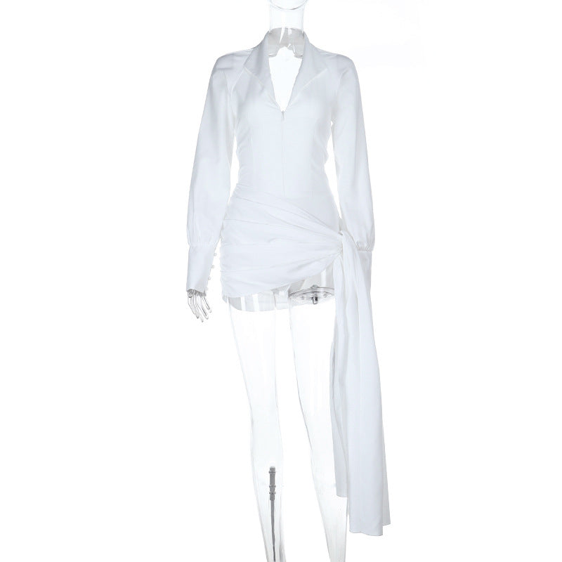 Ruched Bodycon Mini Dress with Lapel Collar and Puff Sleeves