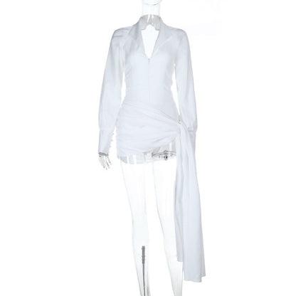 Ruched Bodycon Mini Dress with Lapel Collar and Puff Sleeves