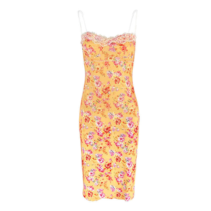 Floral Bodycon Midi Dress with Lace Trim and Spaghetti Straps
