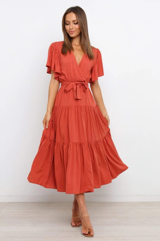 Tiered Maxi Dress with Wrap V-Neck and Flutter Sleeves