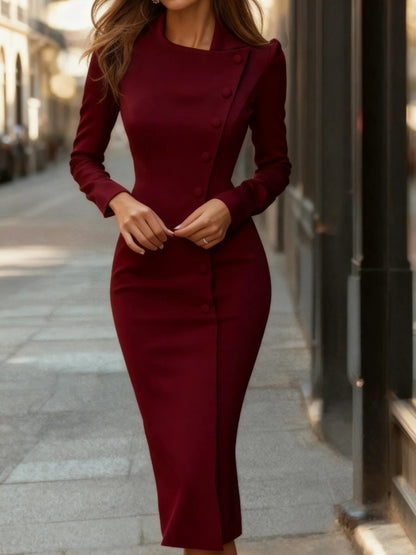 Sheath Midi Dress with Asymmetric Button Placket