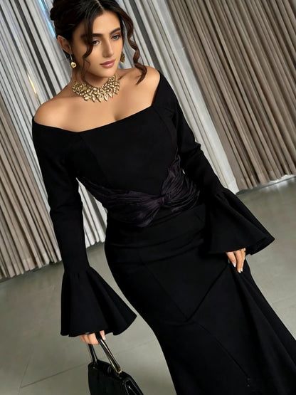 Sheath Maxi Dress with Off-Shoulder & Trumpet Sleeves