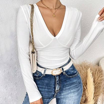 Slim Fit V-Neck Long Sleeve Top with Ruched Detailing