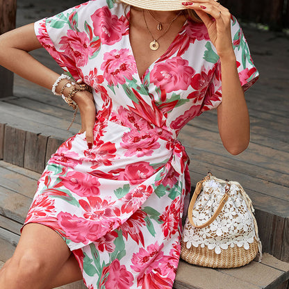 Floral Wrap Dress with V-Neck and Short Sleeves