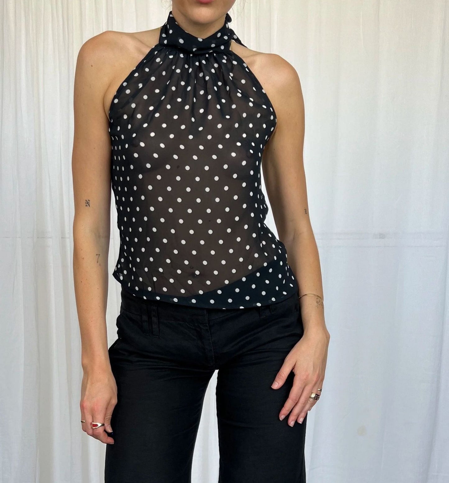 Slim Fit Polka Dot Halter Top with Sheer Finish