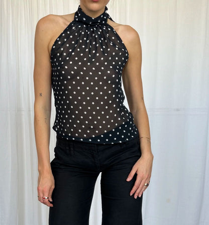 Slim Fit Polka Dot Halter Top with Sheer Finish