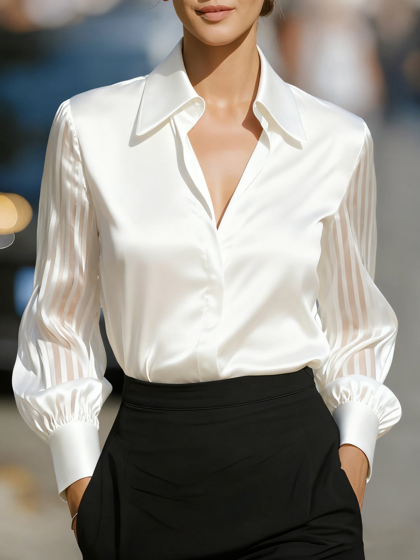 Loose Solid Satin Blouse with Sheer Striped Sleeves