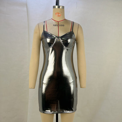 Metallic High Waist Sling Mini Dress Plain Color
