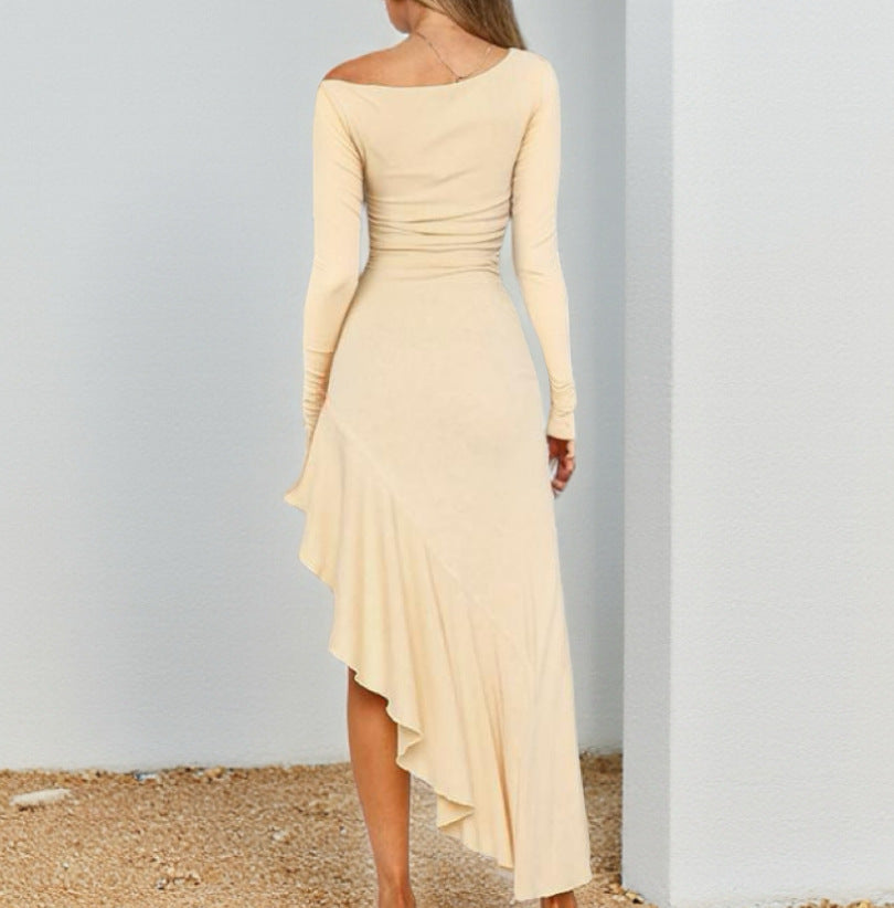 Bodycon Maxi Dress with Slant Neck and Asymmetrical Ruffle Hem