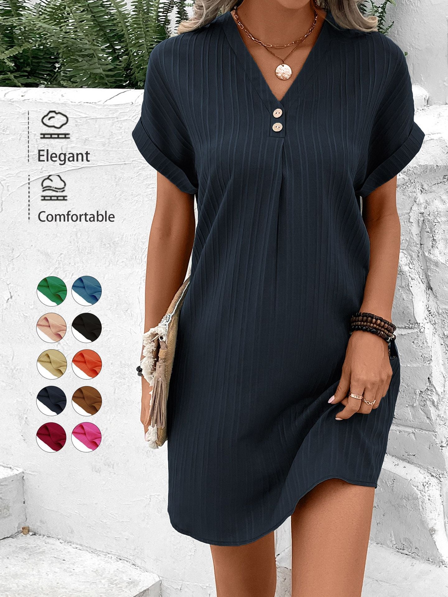 Ribbed A-Line Mini Dress with V-Neck and Button Detail