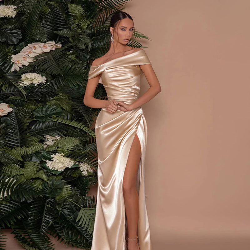 Elegant Off-Shoulder Split Dress Mercerized Fabric