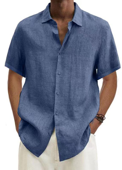Solid Linen-Blend Short Sleeve Button-Down Shirt