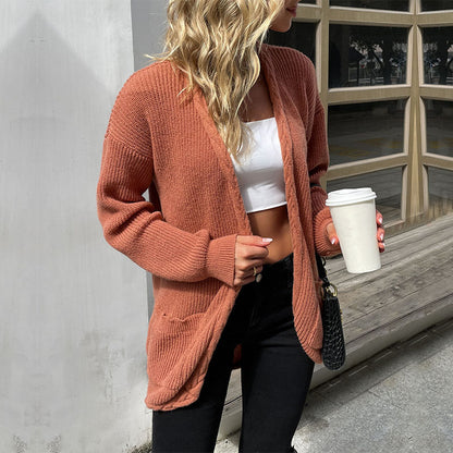 Loose Mid-Length Knit Cardigan with Braided Trim and Pockets