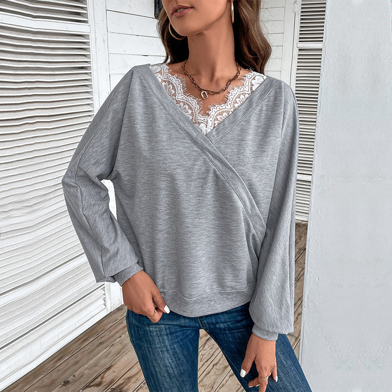 Solid Color Crossover Top with Lace V-Neck
