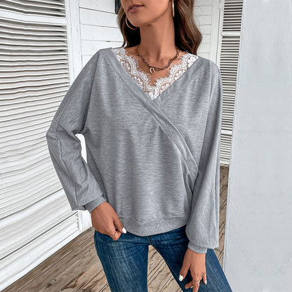 Solid Color Crossover Top with Lace V-Neck
