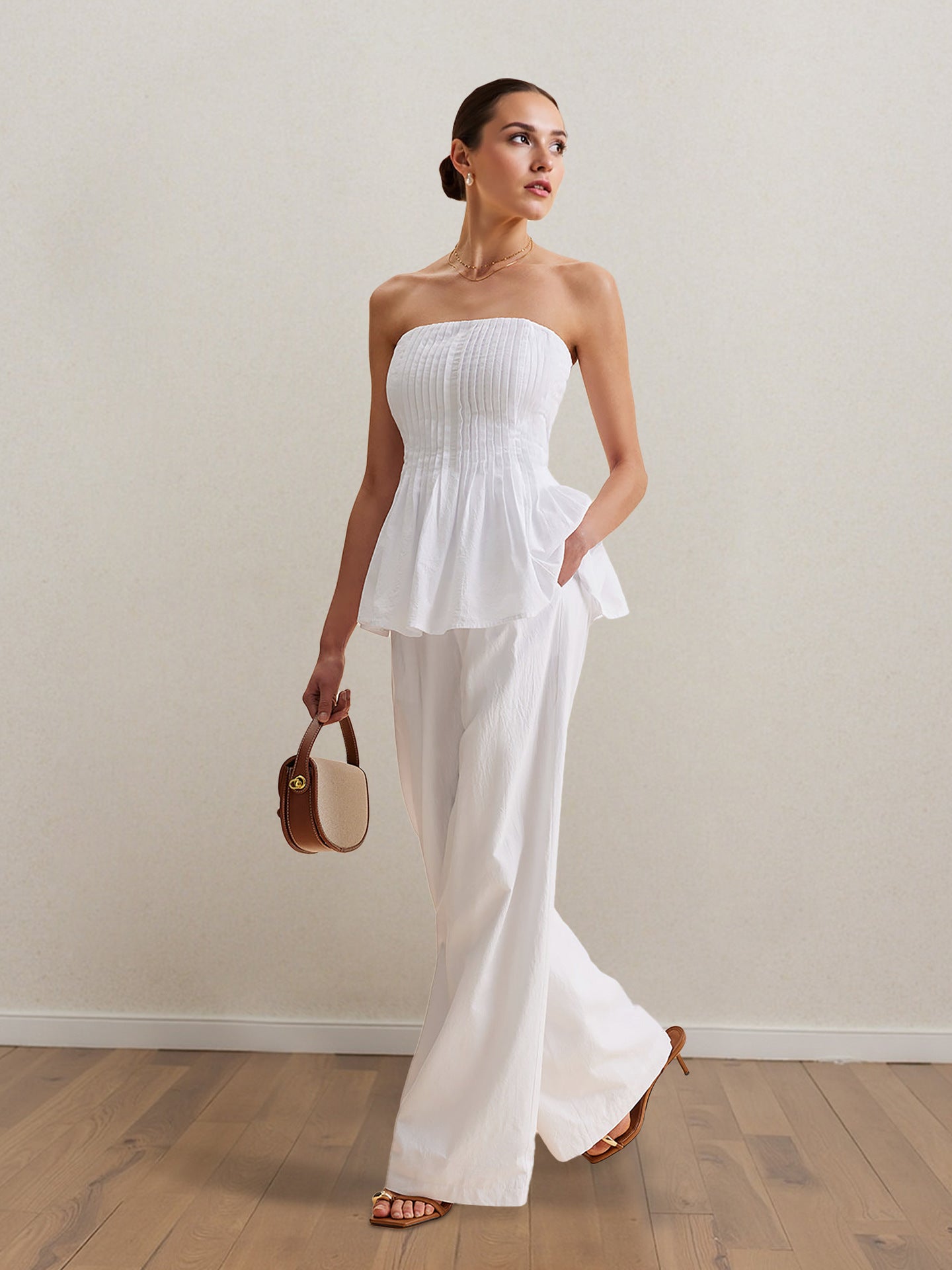 Strapless Pleated Peplum Top and Wide-Leg Trousers Suit