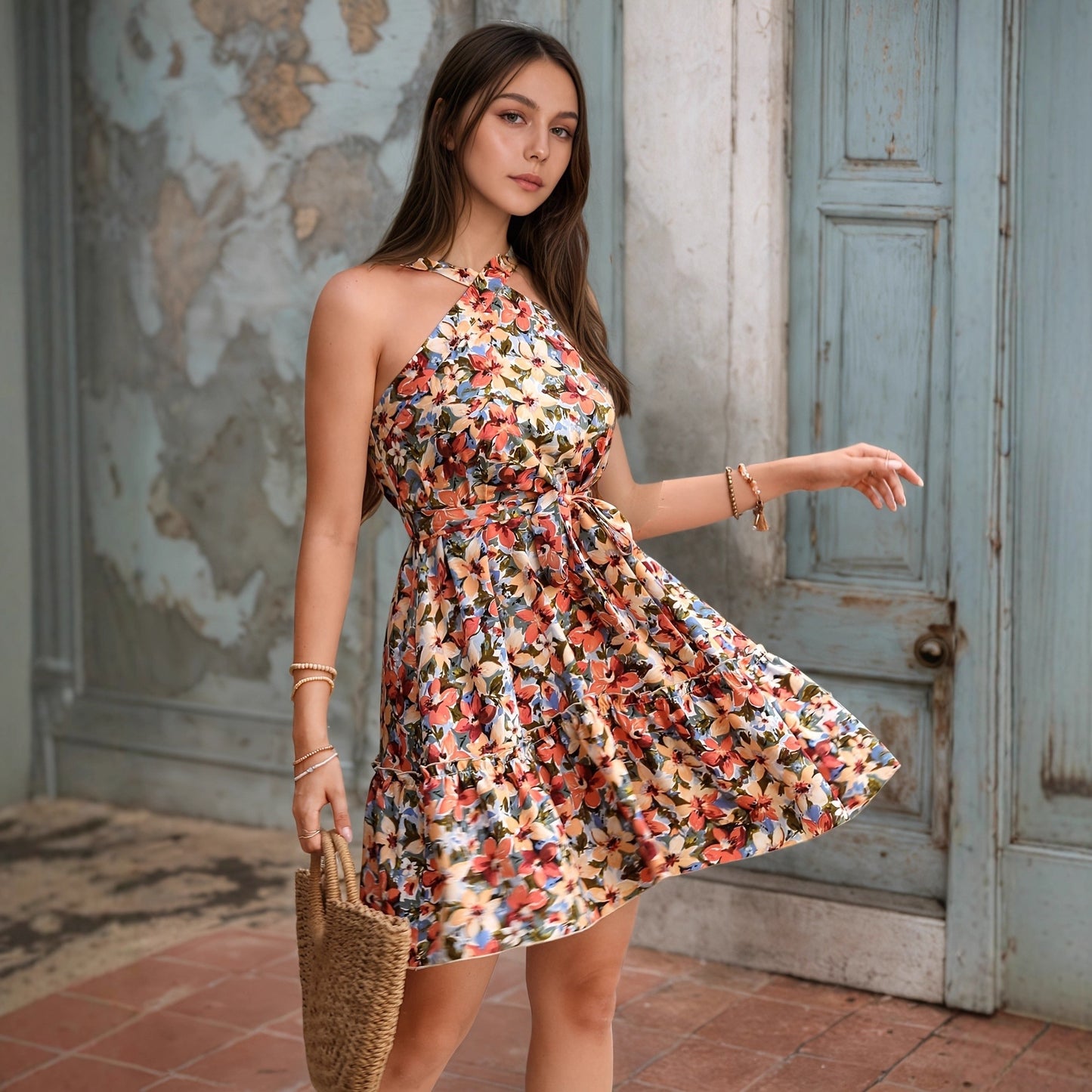 Floral Print Halter Mini Dress with Tie-Waist and Tiered Hem