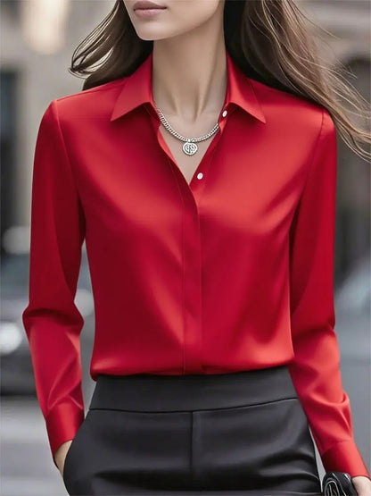Classic Fit Solid Long-Sleeve Blouse in Silky Polyester