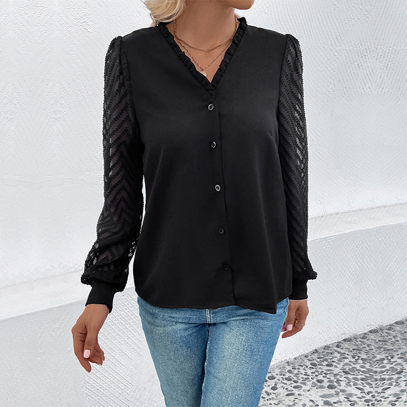 Solid Blouse with Ruffled V-Neck and Patterned Sleeves