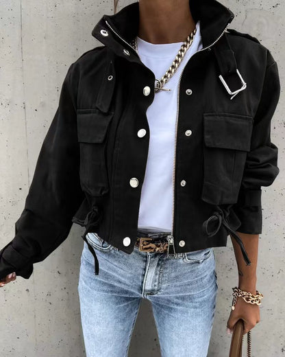 Printed Cropped Jacket with High Collar and Flap Pockets