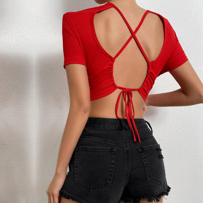 Cropped Short-Sleeve Top with Crisscross Backless Detail