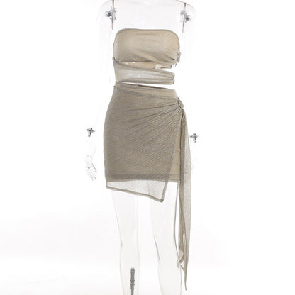 Strapless Metallic Mini Dress with Cutout and Side Drape