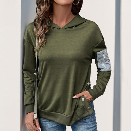 Color-Blocked Hoodie with Zipper Pocket and Side Snaps