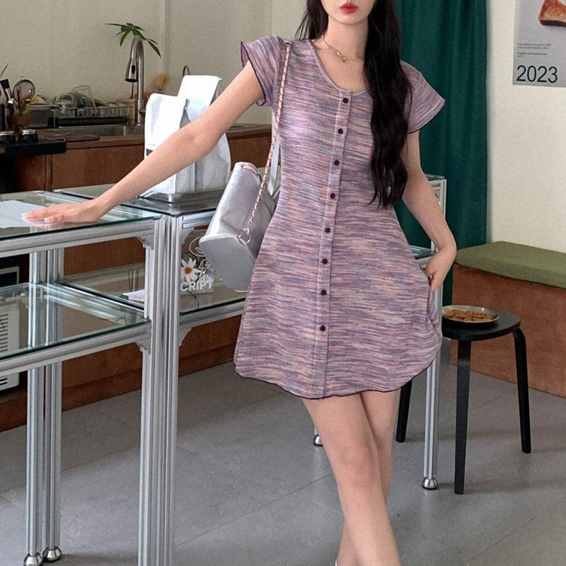 A-Line Space-Dyed Knit Mini Dress with Button Front