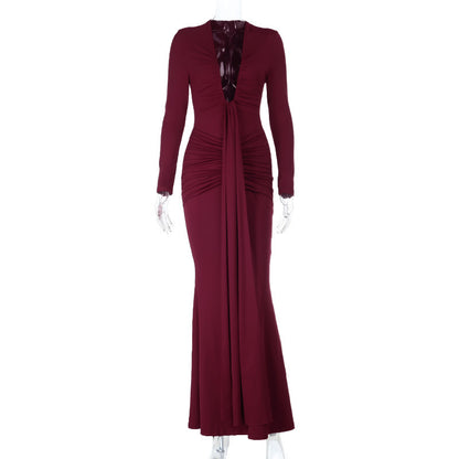 Bodycon Maxi Dress with Plunging U-Neck and Ruched Detail