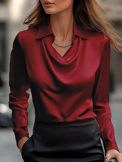 Solid Satin-Effect Blouse with Cowl Neck and Long Sleeves