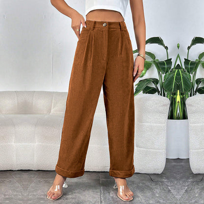 High-Waist Straight-Leg Corduroy Trousers with Pleated Front