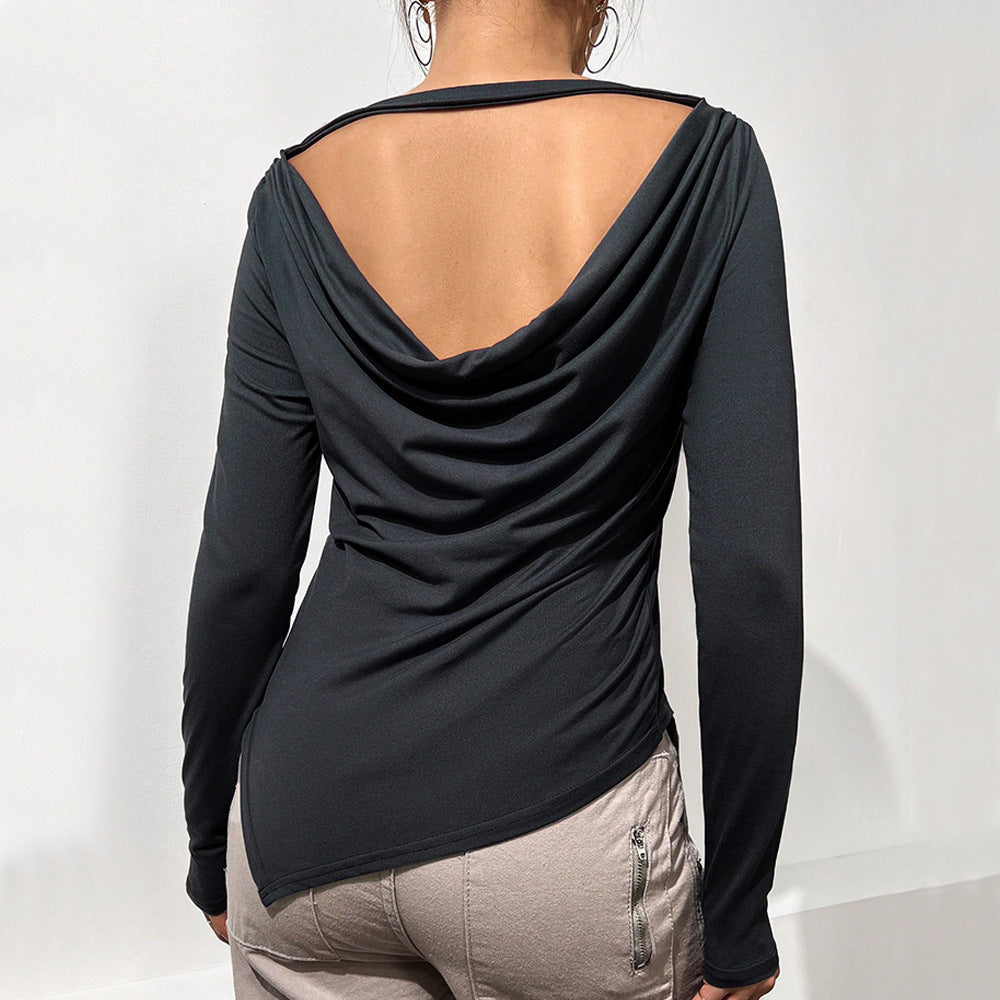 Solid Long Sleeve Top with Draped Cowl Back and Asymmetrical Hem