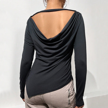 Solid Long Sleeve Top with Draped Cowl Back and Asymmetrical Hem