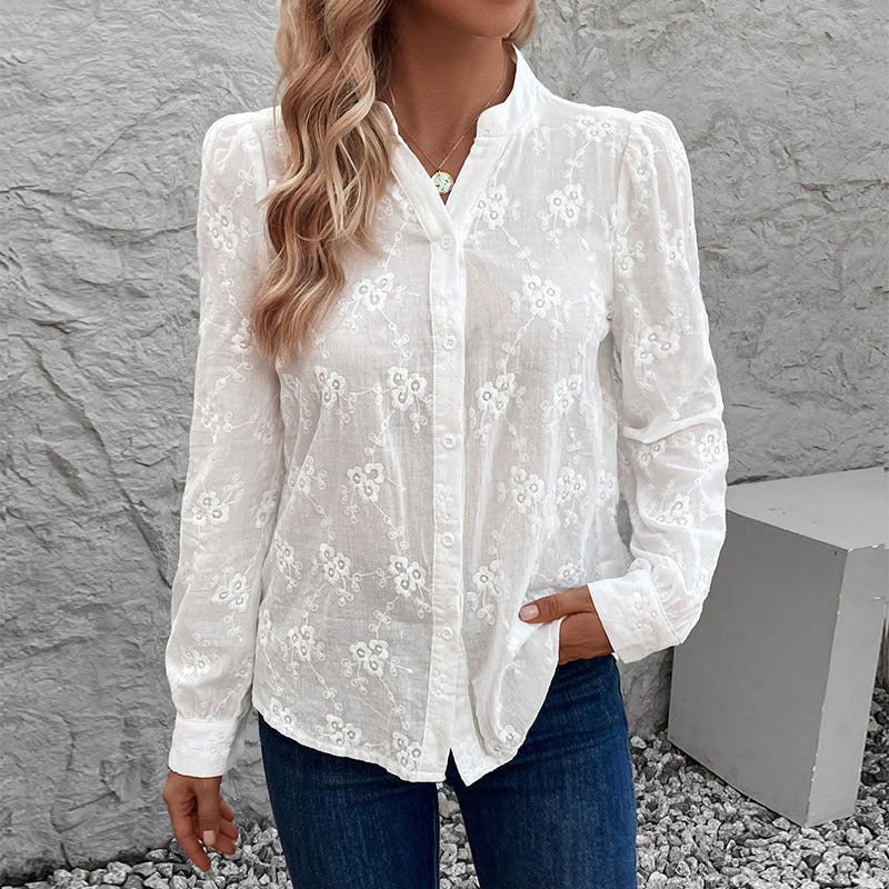 Sheer Embroidered Blouse with Puff Sleeves