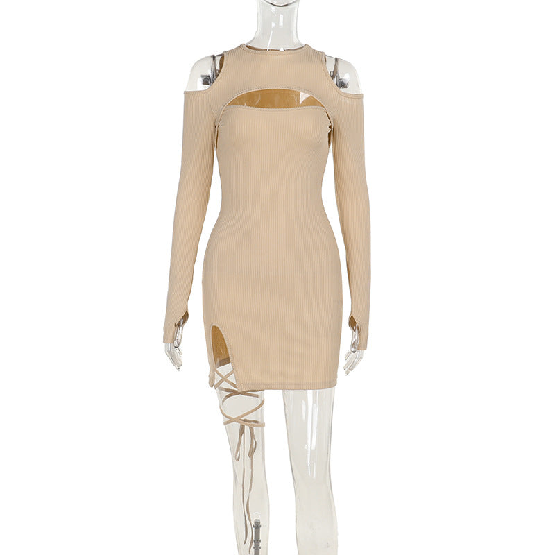 Ribbed Bodycon Mini Dress with Cut-Out Bust and Lace-Up Slit