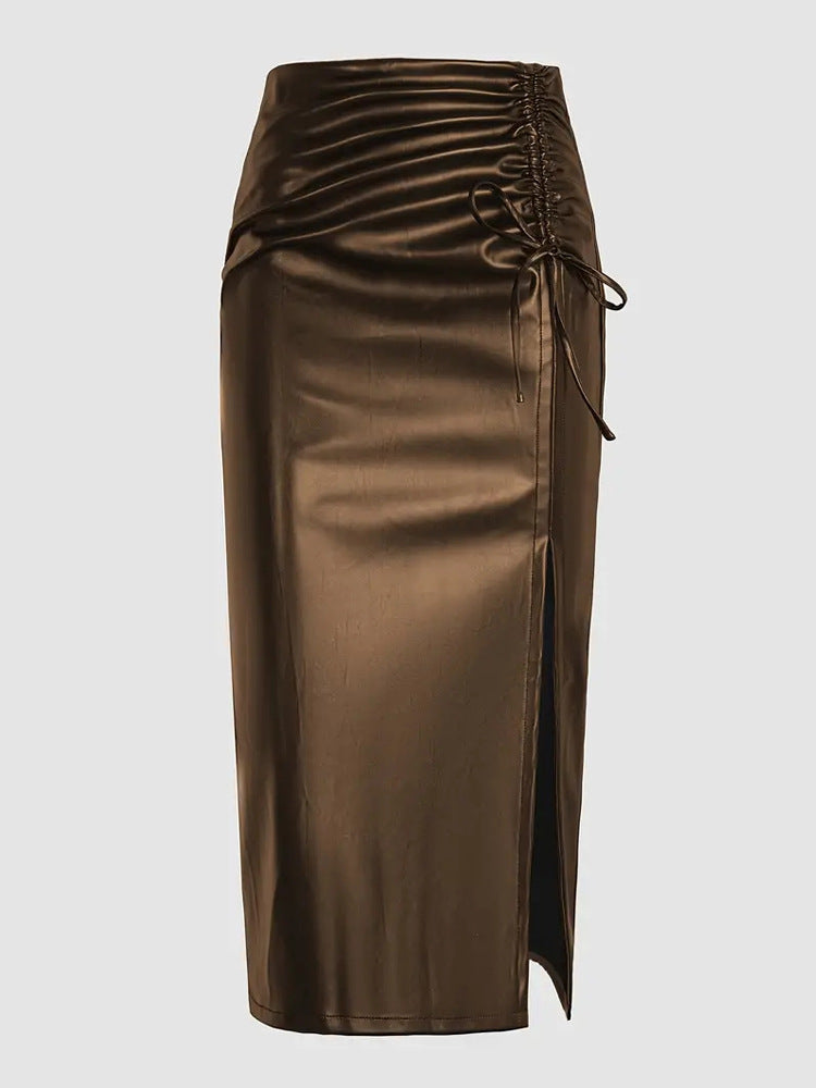 Bodycon Faux Leather Midi Skirt with Ruched Side Slit