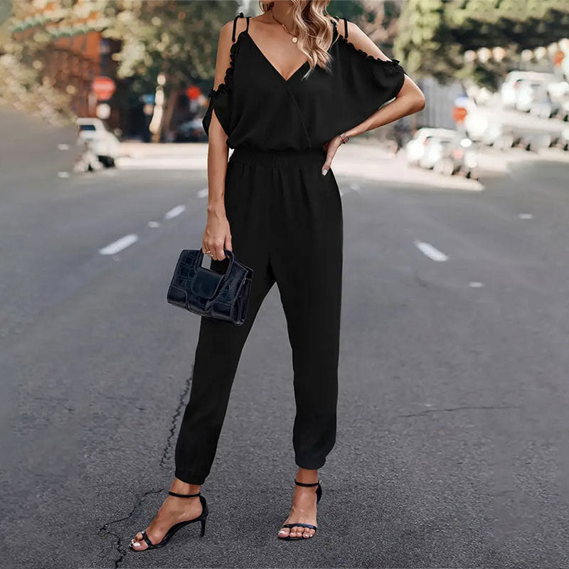 Off-Shoulder Jumpsuit with V-Neck and Tapered Legs