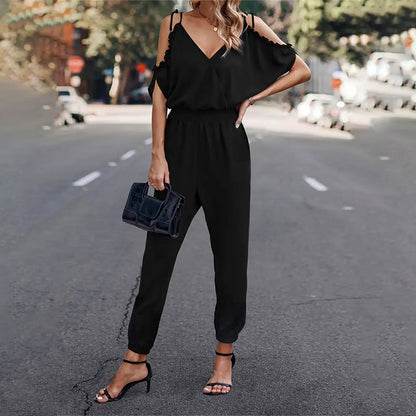 Off-Shoulder Jumpsuit with V-Neck and Tapered Legs