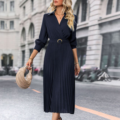 Solid Wrap Midi Dress with Lapel V-Neck and Pleated Skirt