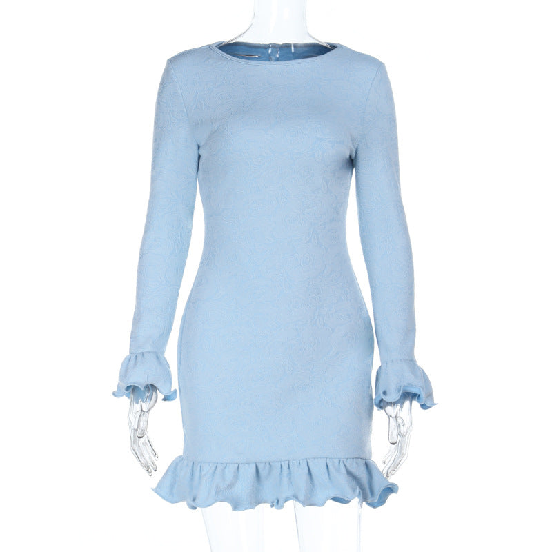 Long-Sleeve A-Line Mini Dress with Ruffle Hem and Cuffs