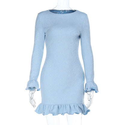Long-Sleeve A-Line Mini Dress with Ruffle Hem and Cuffs