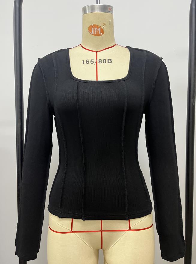 Slim Fit Square Neck Top with Exposed Seam Panelling