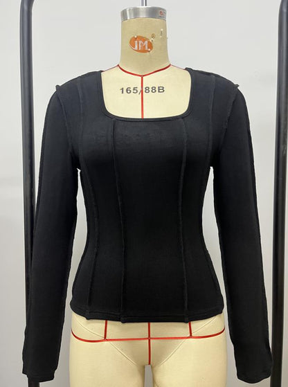 Slim Fit Square Neck Top with Exposed Seam Panelling