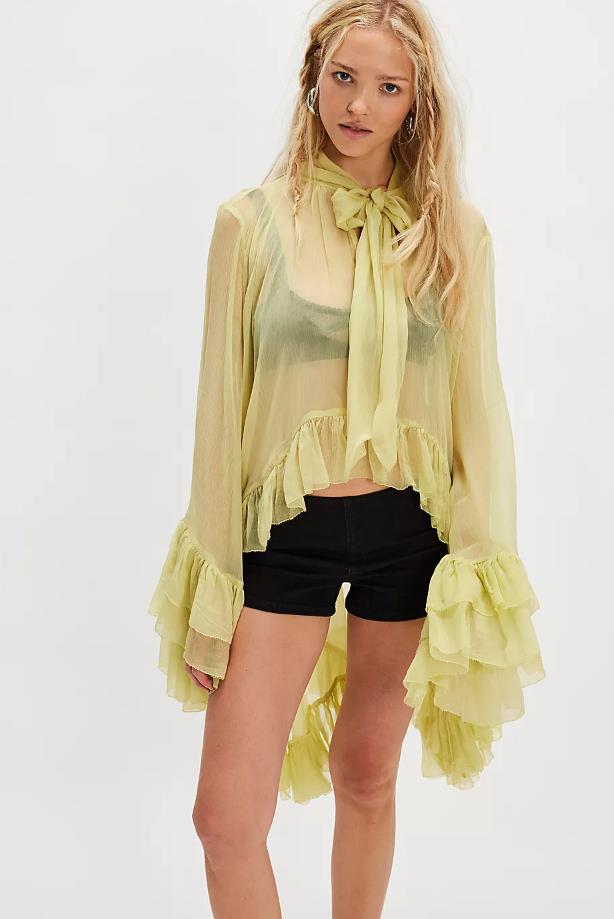 Sheer Chiffon Blouse with Tie-Neck and Ruffled Bell Sleeves
