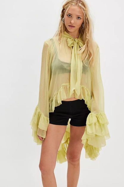 Sheer Chiffon Blouse with Tie-Neck and Ruffled Bell Sleeves