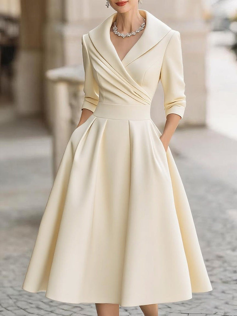 A-Line Midi Dress with Shawl Collar and Cuffed 3/4 Sleeves