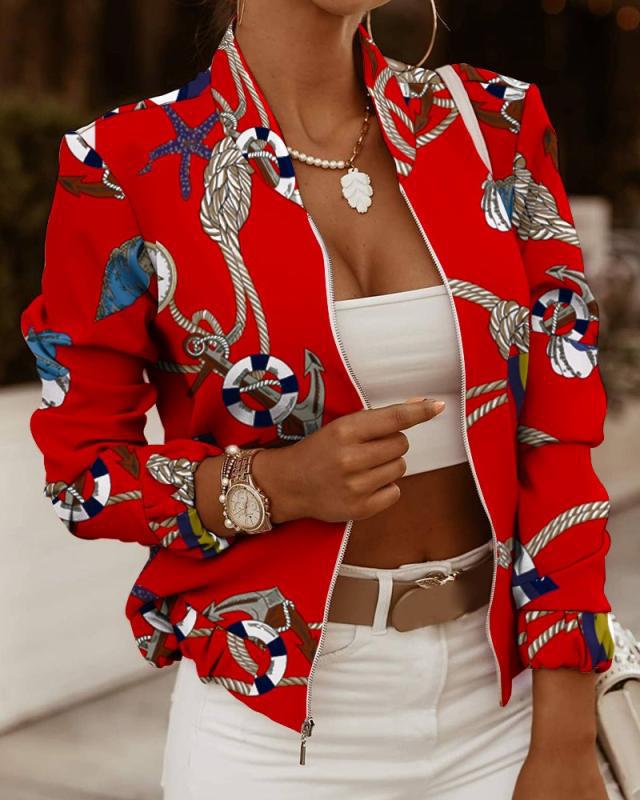Collarless Printed Bomber Jacket with Zipper Front