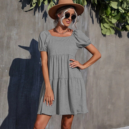 Solid Tiered Mini Dress with Square Neck and Puff Sleeves